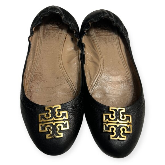 Tory Burch Black Leather Reva Ballet Flats Size 7 Logo Medallion Round Toe - Picture 1 of 5